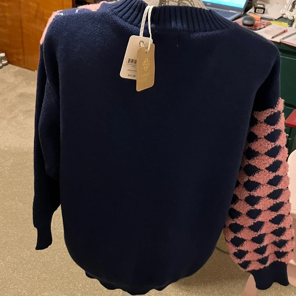 SIMPLY SOUTHERN Navy Cardigan with Pink and Green Argyle. Size Small. OVERSIZED. - Picture 5 of 9